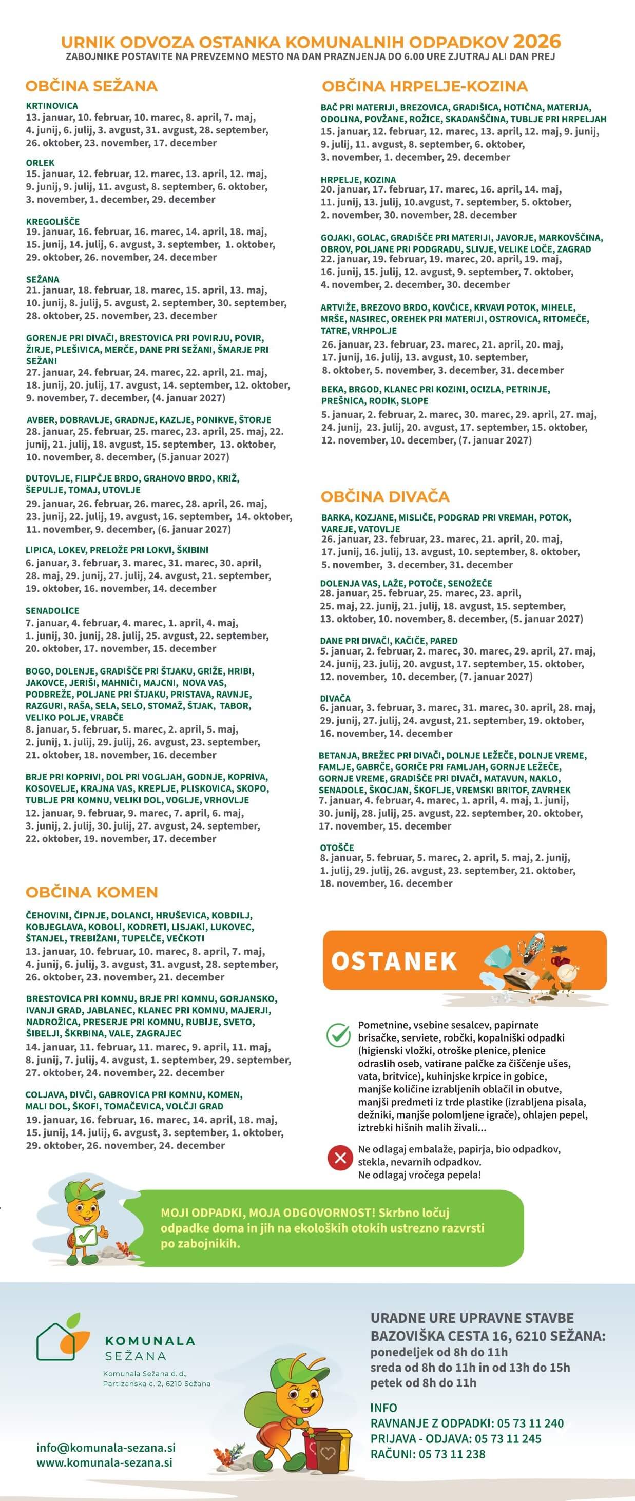 URNIK 2026 ODVOZ ODPADKOV